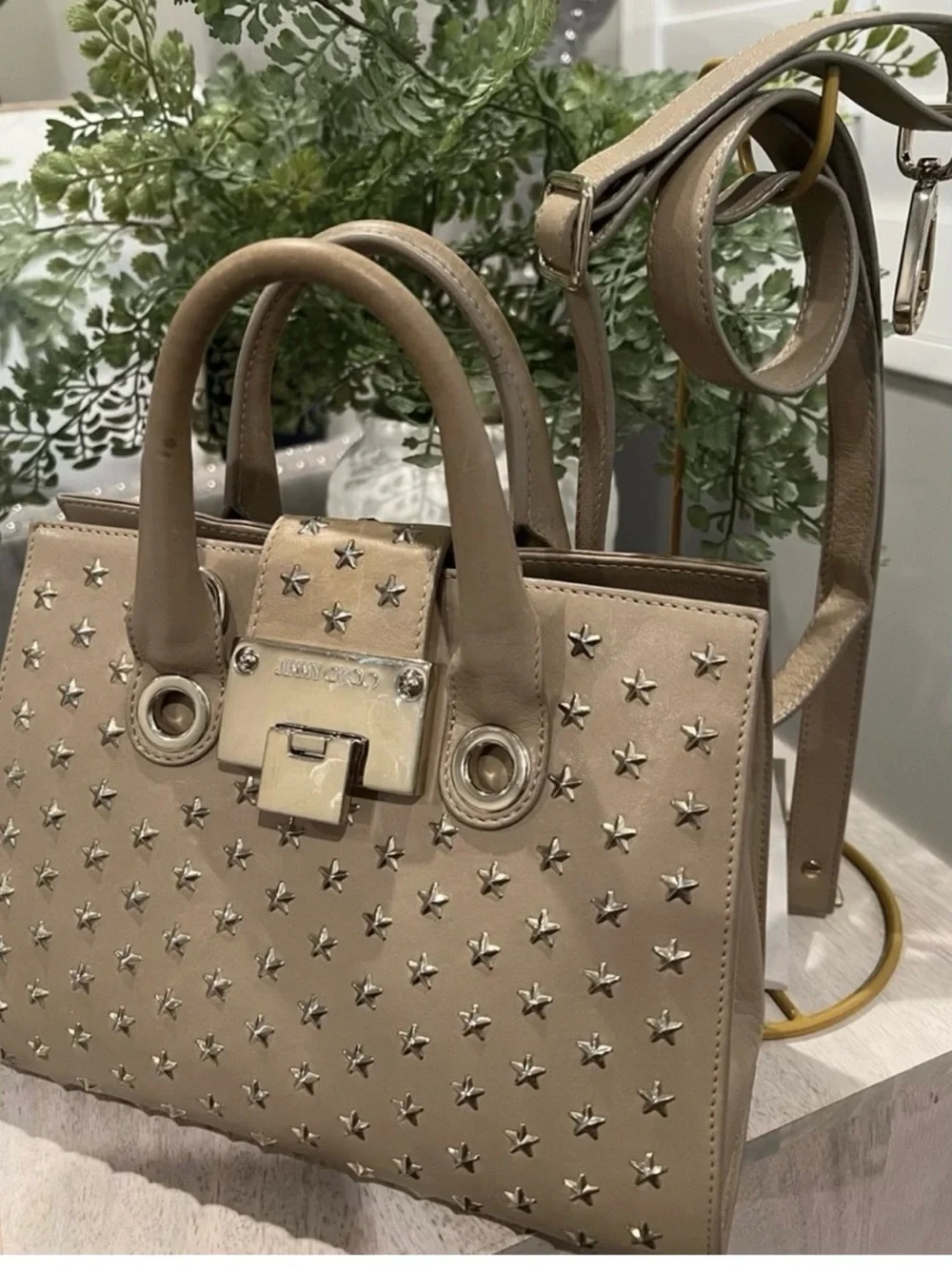 Authentic Jimmy Choo Taupe Leather Star Studded Satchel Shoulder/Crossbody Bag